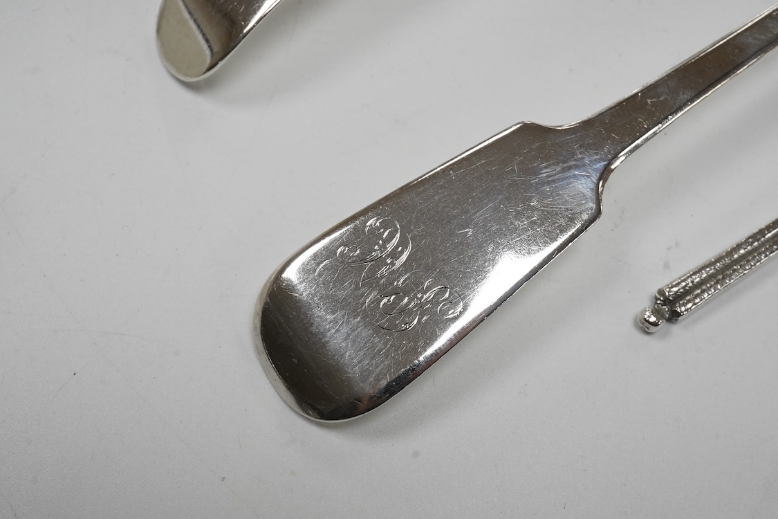 A matched set of three 19th century silver fiddle pattern tablespoons, Josiah Piercy I, London, 1828(2) and The Lias Brothers, London 1831, together with a George III silver Old English pattern sauce ladle Peter & Willia